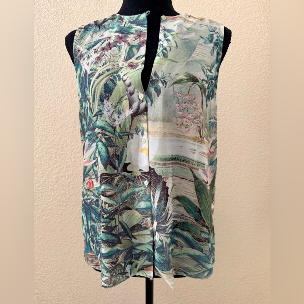 H & M Conscious Collection Tropical Button-Up Sleeveless Blouse Sz 6-8 High Low - Picture 10 of 12